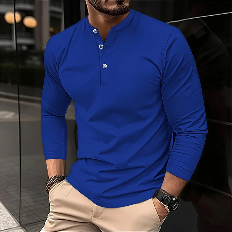 تي شيرت بولو رجالي صيفي 2025 بأكمام طويلة وياقة هنري، كاجوال ومسامي ومريح، تي شيرت بولو سادة عالي الجودة للرجال، شحن مباشر