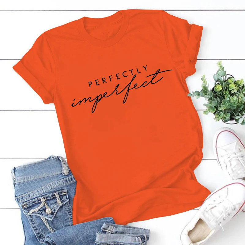 T-shirt à Manches Courtes pour Homme et Femme, Décontracté, Parfaitement Imparfait, Lettre Imprimée, Drôle, à la Mode