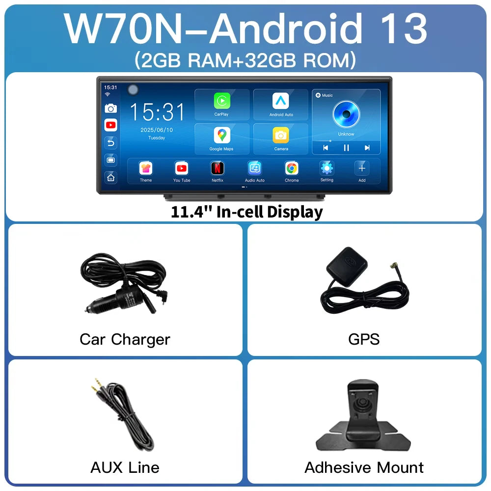 Imagebon W70 11.4 "8 Core Android 14 6 + 128G CarPlay et Android Auto Dash Cam GPS WiFi Google Play Youtube Netflix OTA mise à niveau DVR