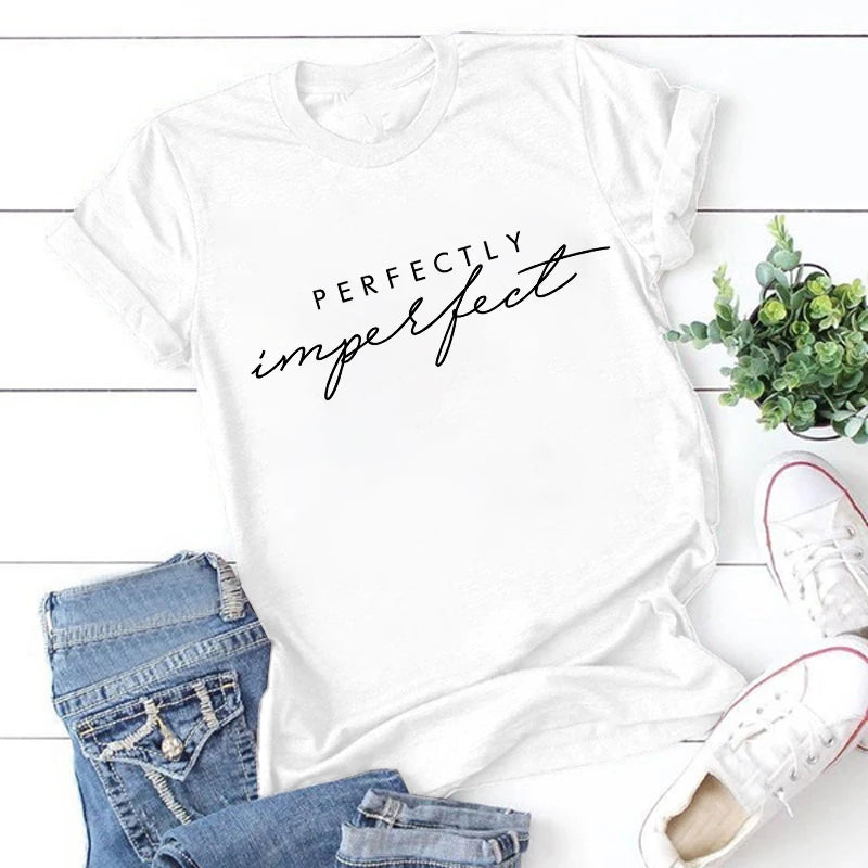 T-shirt à Manches Courtes pour Homme et Femme, Décontracté, Parfaitement Imparfait, Lettre Imprimée, Drôle, à la Mode