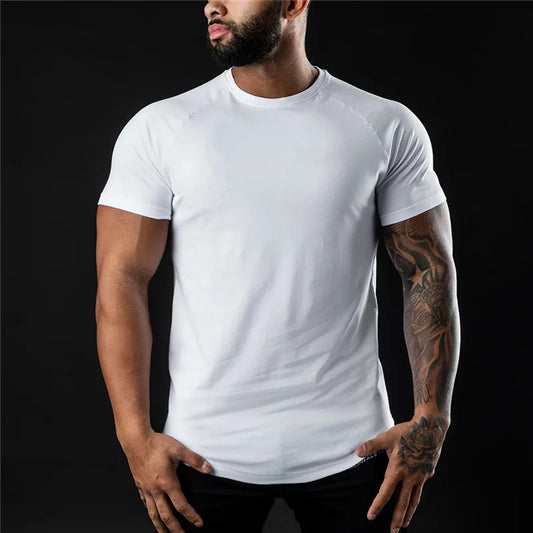 T-shirt de gymnastique uni pour hommes, vêtements de Fitness d'été, col rond, manches courtes, en coton, Slim Fit, musculation, entraînement
