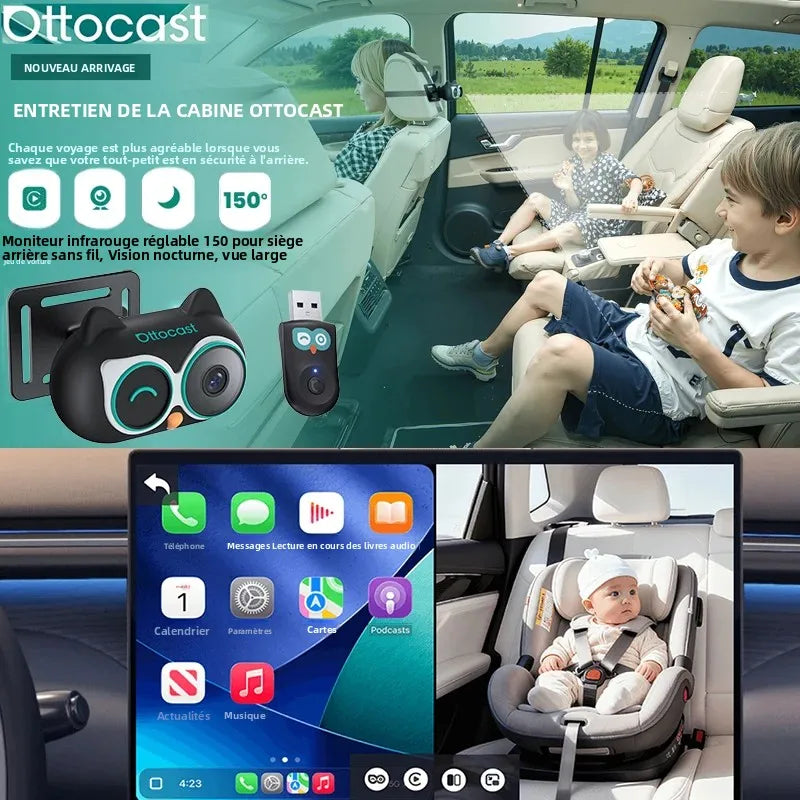 Ottocast Cabin Care Adaptateur Carplay sans fil Caméra de voiture pour bébé pour siège arrière 1080P 150 °   Moniteur de siège arrière à vision nocturne grand angle
