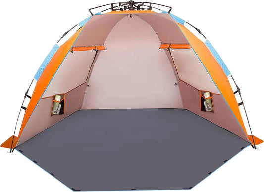 4 Person Beach Tent Sun Shelter - Portable Instant Shade with Carrying Bag, Stakes, Sand Pockets, Anti UV for Camping Hiking