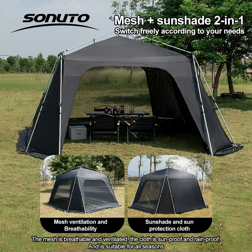 Tente de camping instantanée octogonale Sonuto, grande tente familiale avec structure en aluminium, résistante au vent et à l'eau, abri solaire pour la plage
