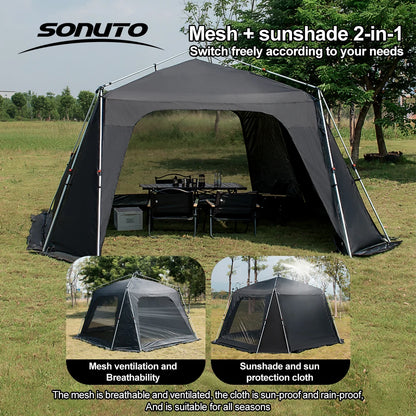 Tente de camping instantanée octogonale Sonuto, grande tente familiale avec structure en aluminium, résistante au vent et à l'eau, abri solaire pour la plage