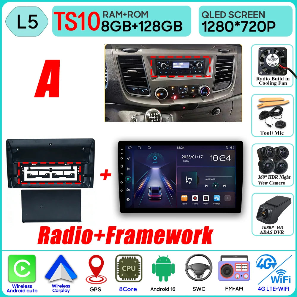 Autoradio Android 16 pour Ford Transit personnalisé Transit V363 350 lecteur multimédia Carplay Navigation GPS 4G Wifi vidéo stéréo 2din