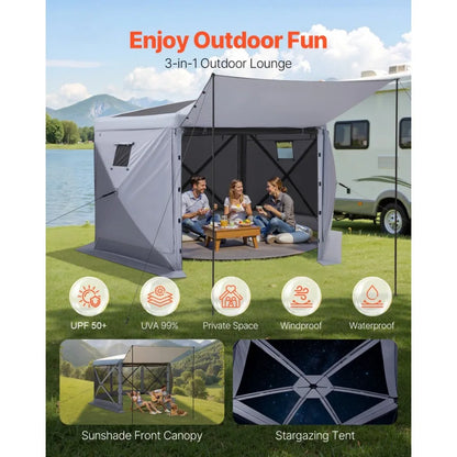 Tente gazebo pop-up 12 x 12 pieds, 6 côtés, grande auvent de camping avec toit amovible, sac de transport, installation rapide, moustiquaire anti-moustiques