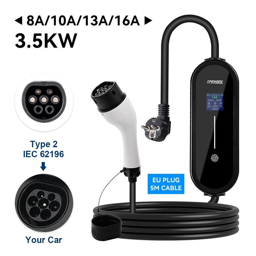 IPENGEN – chargeur EV Portable 3,5 kw, câble de 5M, connecteur Type2 IEC62196/ GB/T 16A, 1 phase, Type 1, boîte murale de chargement pour véhicule électrique