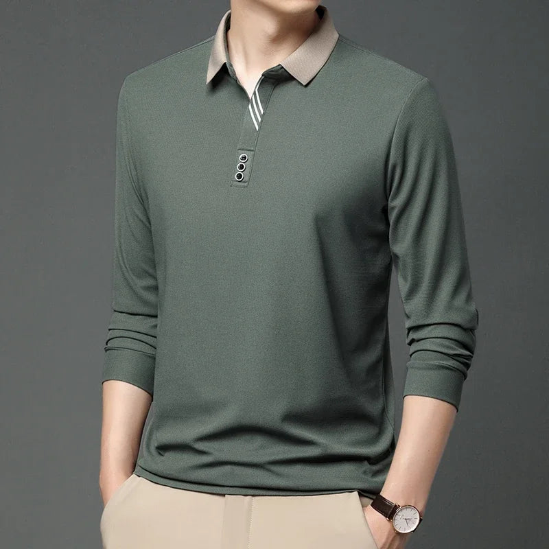 Polo à manches longues pour hommes, décontracté, couleur unie, à la mode, respirant, confortable, polyvalent, nouvelle collection