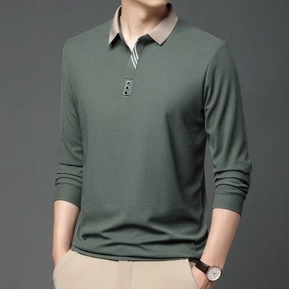 Polo à manches longues pour hommes, décontracté, couleur unie, à la mode, respirant, confortable, polyvalent, nouvelle collection