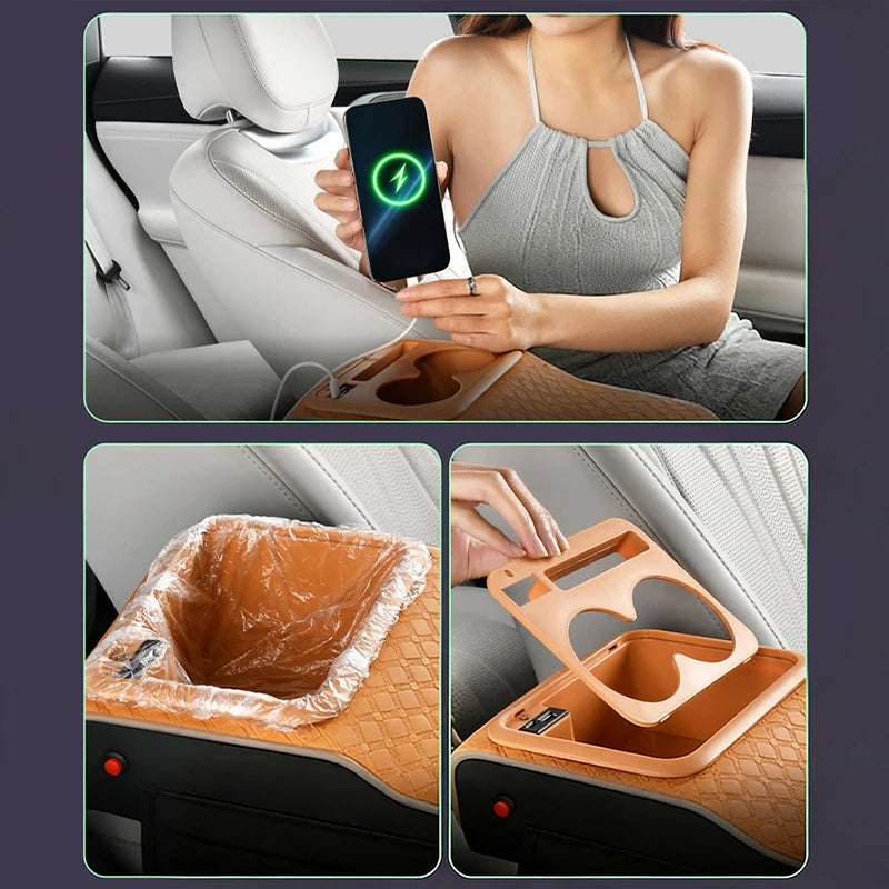 Boîte de rangement multifonctionnelle 10-en-1 pour accoudoir de voiture, avec coussin rehausseur sportif supérieur, port de charge USB et lampe d'ambiance étoilée