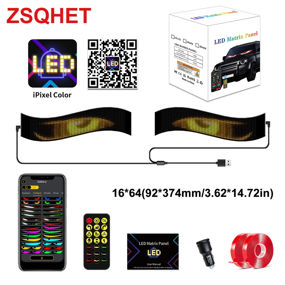 Écran LED Flexible pour Voiture pour Camion Yeux Panneau Pixel Matrice LED RGB Panneau d'Affichage pour Voiture Animation Télécommande Affichage Flexible Lumière USB 5V Prend en Charge le Français/Espagnol/Portugais