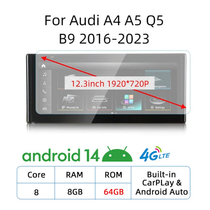 Carplay sans fil Android 14, 12.3, pour Audi A4 A5 Q5 B9 2017 2016 – 2023, écran tactile IPS, WIFI, multimédia, stéréo, récepteur GPS Navi