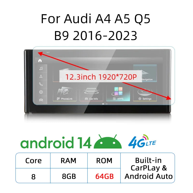Carplay sans fil Android 14, 12.3, pour Audi A4 A5 Q5 B9 2017 2016 – 2023, écran tactile IPS, WIFI, multimédia, stéréo, récepteur GPS Navi
