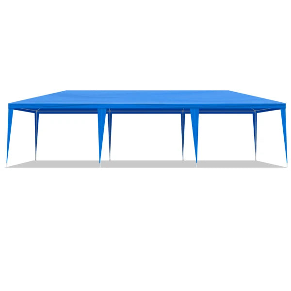 Tente de réception extérieure bleue 10x30 pieds (900x300 cm) en tissu PE imperméable avec structure en acier et 8 parois latérales amovibles avec fenêtres, capacité 50 personnes