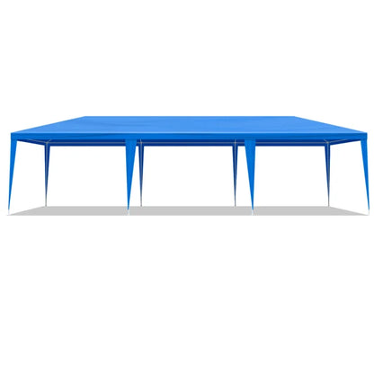 Tente de réception extérieure bleue 10x30 pieds (900x300 cm) en tissu PE imperméable avec structure en acier et 8 parois latérales amovibles avec fenêtres, capacité 50 personnes