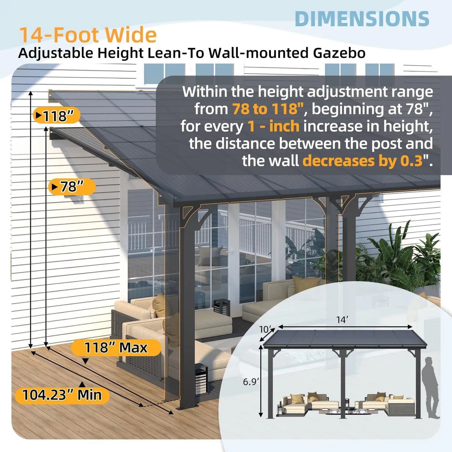 Pergola d'extérieur inclinable réglable en hauteur 10' x 14' pour patio, abri en métal robuste avec auvents métalliques