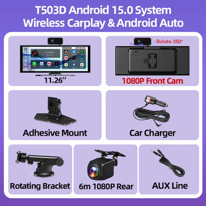 11.26 pouces Android 15 voiture DVR 4G + 64G WIFI sans fil Carplay Android Auto Dash Cam multimédia lecteur vidéo GPS Navigation BT AUX