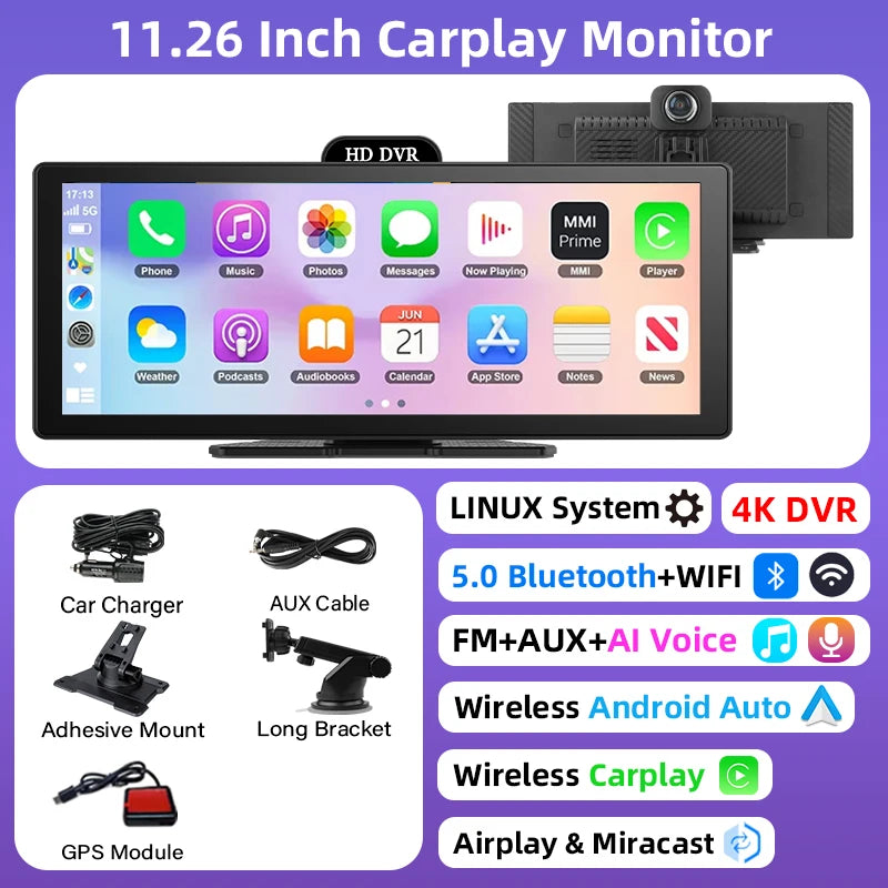 Jansite Portable 11.26 inch 4K DVR Wireless CarPlay and Android Auto Dash Cam Car Screen Video Recorder 5G WIFI Navigation