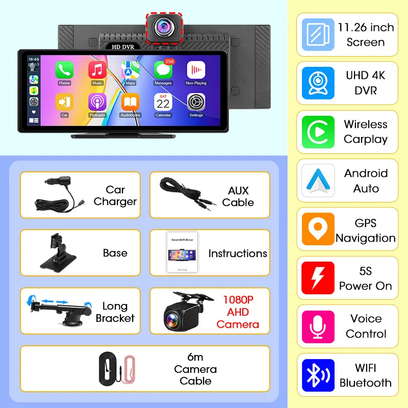Develuck nouveau 11.26 ''4K voiture DVR sans fil CarPlay Android Auto lecteur multimédia IPS écran tactile Bluetooth enregistreur vidéo FM AUX
