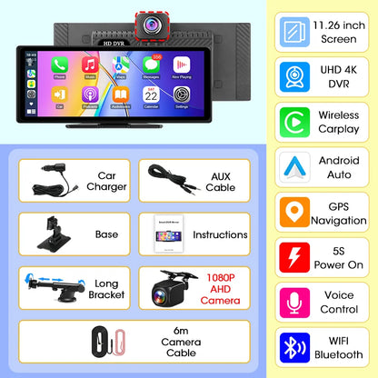Develuck nouveau 11.26 ''4K voiture DVR sans fil CarPlay Android Auto lecteur multimédia IPS écran tactile Bluetooth enregistreur vidéo FM AUX