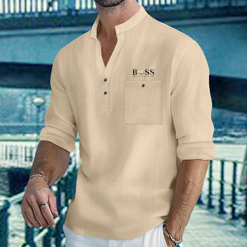Chemises légères pour hommes, manches longues, en coton et lin, Henley, pour la plage, hawaïen, col en v, polo respirant