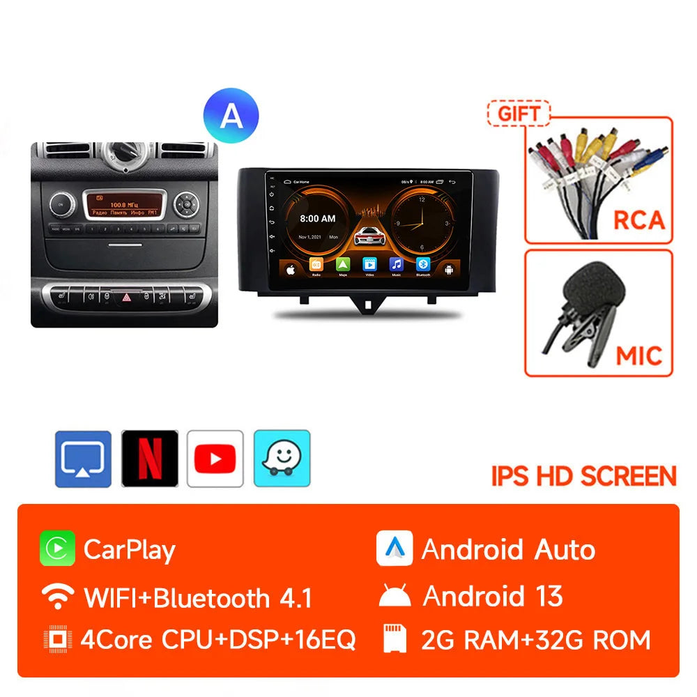 JIUYIN-Autoradio TS18 AI Voice Wireless CarPlay Android Auto Radio pour Smart Fortwo 451, 2005-2010, 4G, GPS, 2Din, Limitation de la voiture