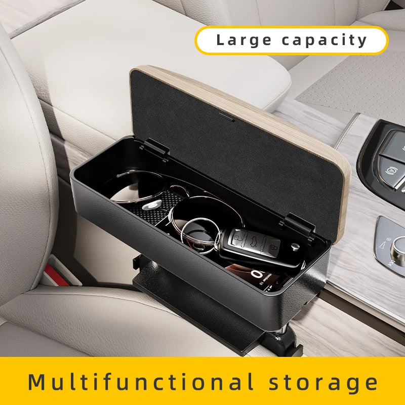 Accoudoir de siège auto - Boîte de rangement réglable pour voiture, en cuir PU motif bois, avec plaque de fixation ABS et piliers de support métalliques