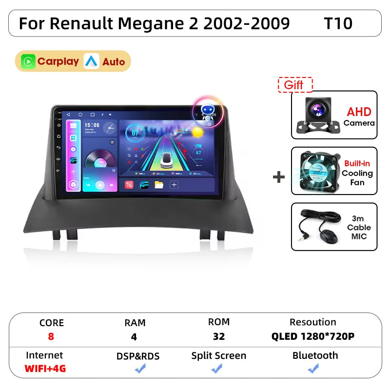 Android Carplay Auto pour Renault Megane 2 2002 2003 2004 2005 2006 2007 2008 2009 lecteur d'autoradio multimédia WIFI + 4G stéréo