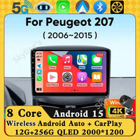 Autoradio Android 15 pour Peugeot 207 CC 207CC 2006 - 2015 sans fil Carplay Android Auto stéréo lecteur multimédia WiFi 4G 2 Din