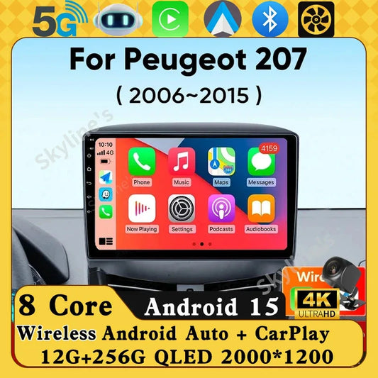 Autoradio Android 15 pour Peugeot 207 CC 207CC 2006 - 2015 sans fil Carplay Android Auto stéréo lecteur multimédia WiFi 4G 2 Din