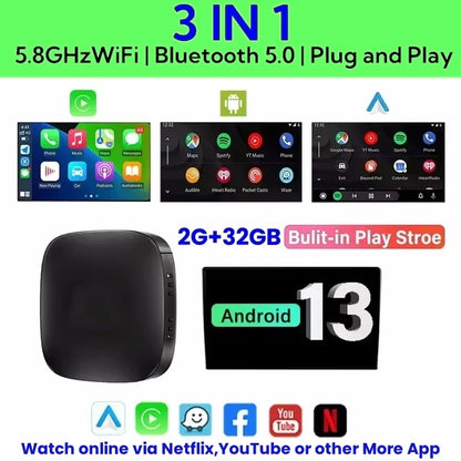 Android 13 Carplay Box, Smart TV Box sans fil, système intelligent de voiture, prise en charge WiFi, Netflix prometteur, Auto, 2G + 32G, 2024