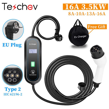 Teschev chargeur EV Portable Type 2 3.5KW 16A 1P chargeur de voiture électrique courant réglable et temps de réglage pour voiture électrique IEC 6219-2