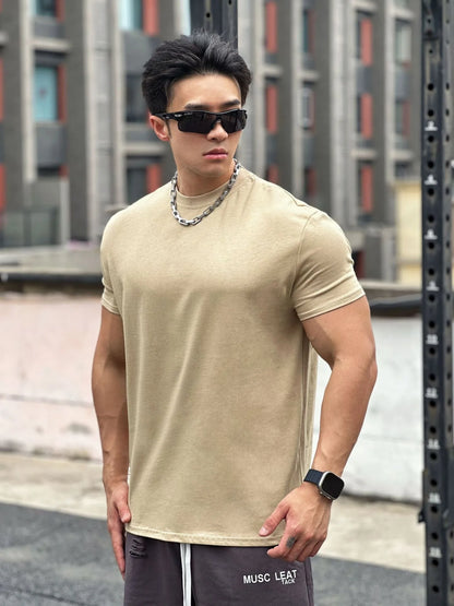 T-shirt de sport musculaire beige pour homme, manches courtes, coton élastique, fitness, basket-ball, course à pied, entraînement, gym, automne