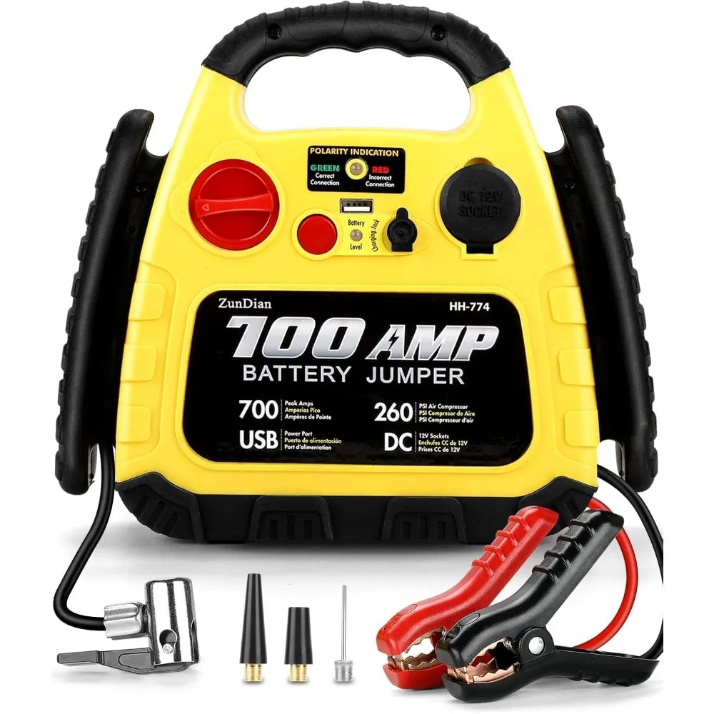 Démarreur de saut avec compresseur d'air 260PSI, démarreur de saut de voiture portable 1000A, pack de surpression de batterie 4 en 1 pour véhicules (gaz/diesel 3L