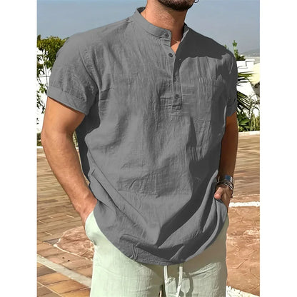 T-shirt col Henley pour hommes, en coton et lin, décontracté, respirant, léger, couleur unie, avec poches, à la mode, offre spéciale d'été