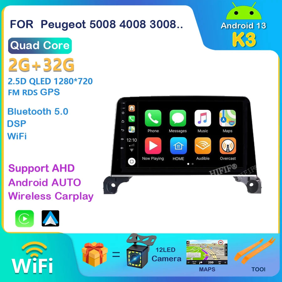 Autoradio Android, WIFI, FM, GPS, Stéréo, 2 DIN, Unité Centrale avec Cadre, pour Voiture KIT 5008, 4008, 3008, 2017, 2018, 2019, 2020