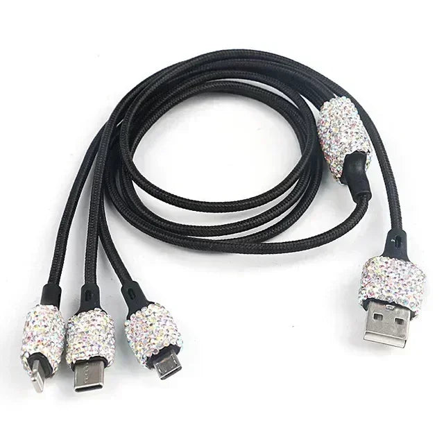 Chargeur de voiture USB rose cristal diamant 5V 2,1 a, double Port, adaptateur de charge rapide, câble 3 en 1 pour IPhone Samsung Huawei