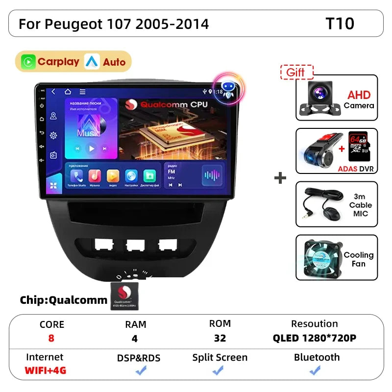 Srnubi autoradio pour Peugeot 107 Toyota Aygo citroën C1 2005-2014 sans fil Carplay Android Auto lecteur multimédia de voiture 2 Din