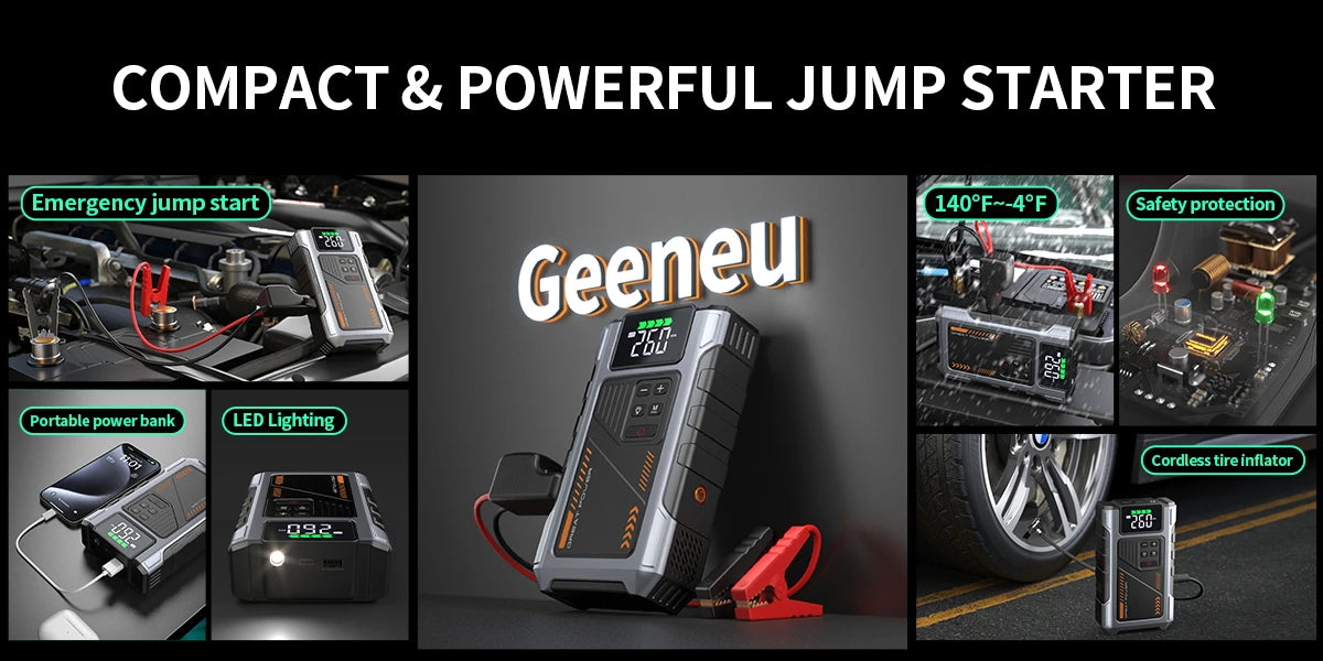 Démarreur de saut de voiture Portable avec compresseur d'air, pointe 3000A (gaz 7,5 L, 6,5 L Diesel), batterie de démarreur de saut avec pneu 150 PSl Inf