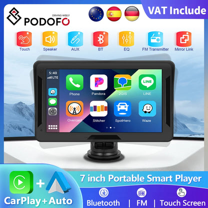 Podofo 7 "portable sans fil Carplay Android Auto écran HD caméra de recul arrière autoradio DVR lecteur vidéo multimédia USB AUX