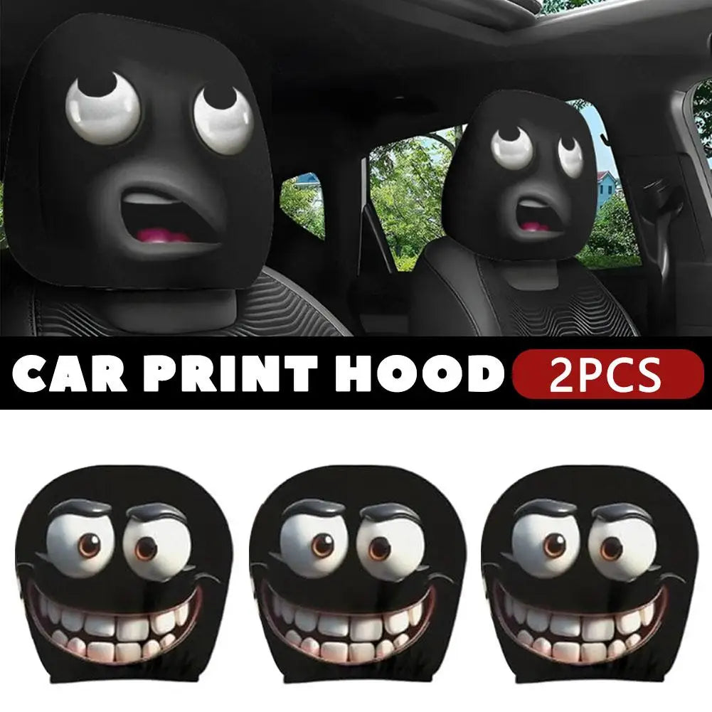 Housse d'appui-tête de voiture d'halloween, 2 pièces, imprimé tête de mort noire et conception d'expression drôle, protection de siège automobile extensible pour décoration effrayante