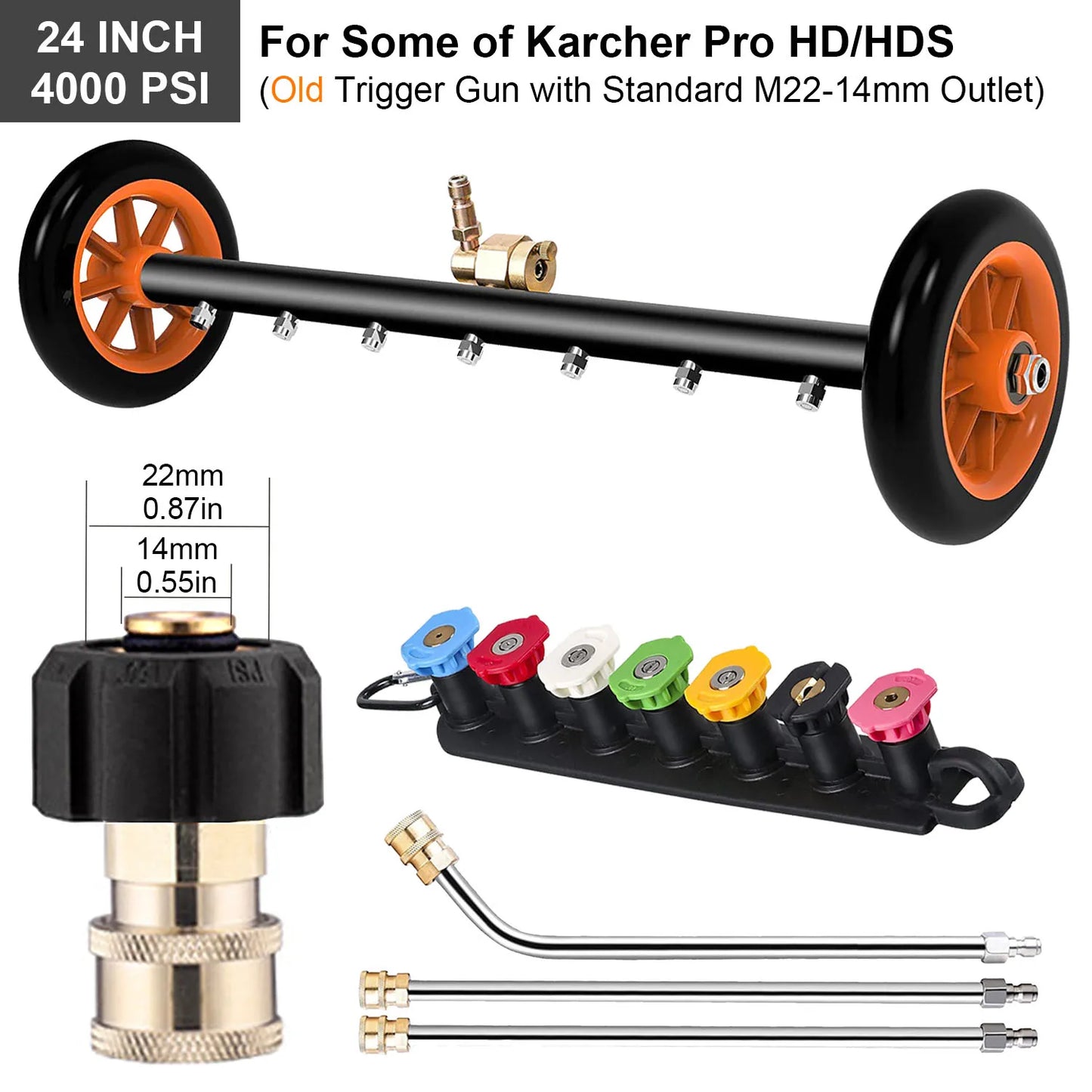 Nettoyeur de surface sous châssis de 24 pouces pour nettoyeur haute pression, balai à eau pour lavage de châssis de voiture, connecteur rapide 1/4 pouce, compatible Karcher Sun Joe