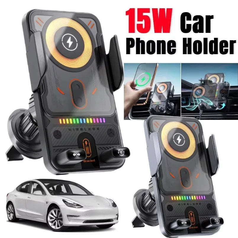 Chargeur sans fil universel pour voiture 15W, électrique télescopique 360 °   Lumière ambiante à montage rotatif pour charge rapide iPhone/Samsung/Xiaomi