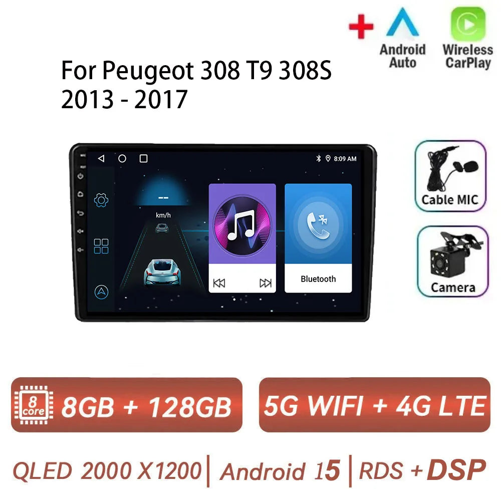 Android 15 pour Peugeot 308 T9 308S 2013 - 2017 Auto stéréo autoradio lecteur multimédia Navigation GPS 4G WIFI sans fil Carplay