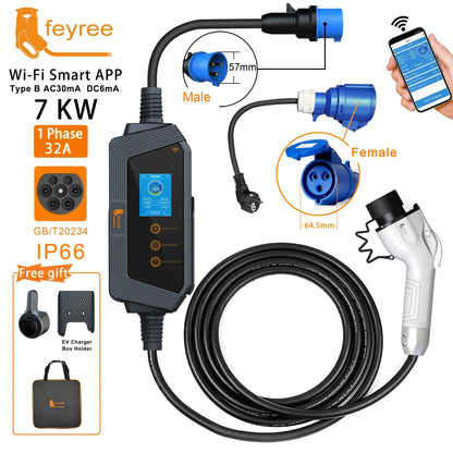 Feyree 7KW 32A شاحن سيارات كهربائية قابل للتعديل قابس GBT، نسخة تطبيق بلوتوث، إعداد وقت الشحن، صندوق شحن EVSE للمركبات الكهربائية