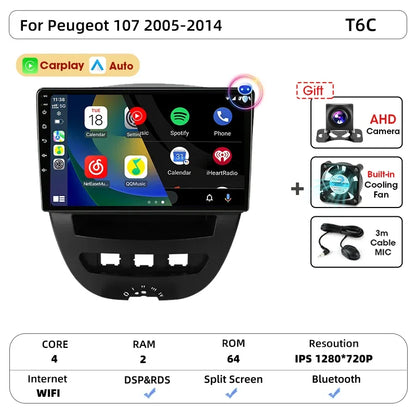 Srnubi autoradio pour Peugeot 107 Toyota Aygo citroën C1 2005-2014 sans fil Carplay Android Auto lecteur multimédia de voiture 2 Din