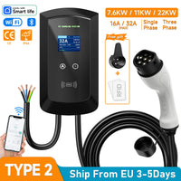 محطة شحن EV ثلاثية الأطوار AFEV 22KW 32A من النوع 2 IEC62196-2 شاحن سيارة كهربائية 7.6/11KW EVSE Wallbox WiFi APP للتحكم عن بعد