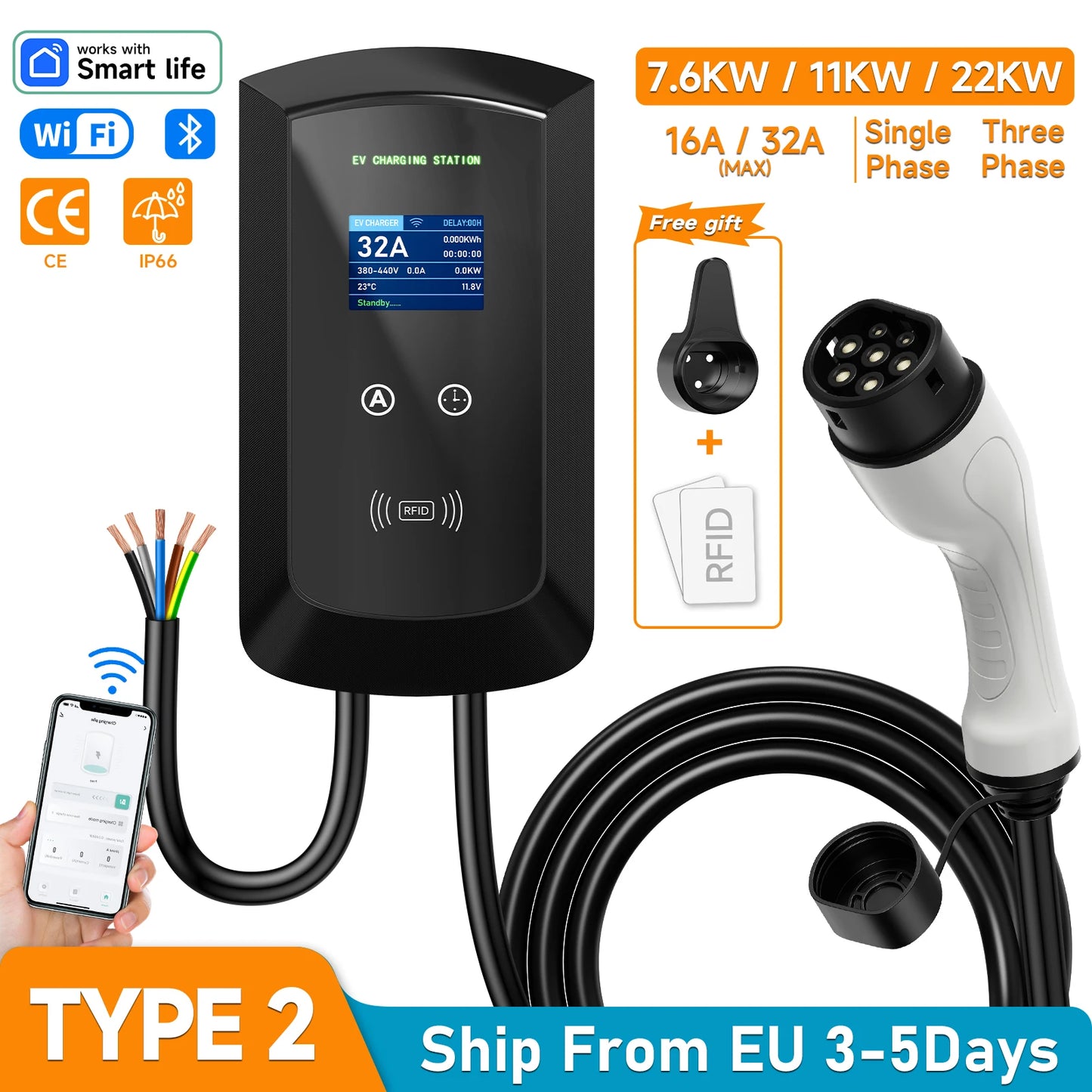 محطة شحن EV ثلاثية الأطوار AFEV 22KW 32A من النوع 2 IEC62196-2 شاحن سيارة كهربائية 7.6/11KW EVSE Wallbox WiFi APP للتحكم عن بعد