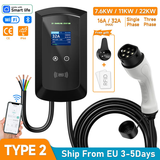 AFEEV 22KW 32A 3 phases EV Station de charge Type2 IEC62196-2 chargeur de voiture électrique 7.6/11KW EVSE Wallbox WiFi APP télécommande
